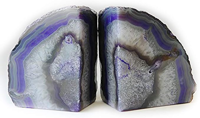 JIC Gem Purple Agate Bookends Geode Book Ends Decorativer Crystal Bookends for Heavy Duty with Rubber Bumpers (1 Pair, 6-8 LBS)