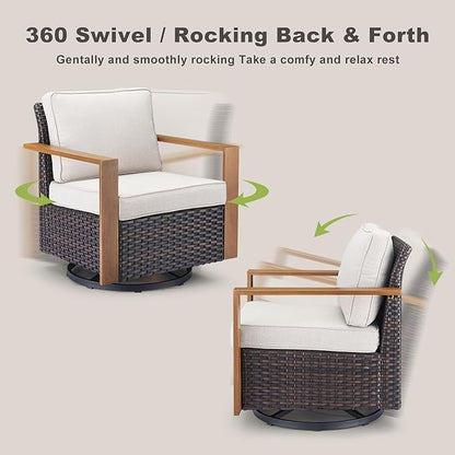 Rilyson Outdoor Wicker Patio Furniture Set - 6 Piece Patio Conversation Set with 2 Wicker Swivel Rocker Chairs,2 Rattan Ottoman,1 Side Table and 1 Couch,Thick Cushions,Deep Seating(Brown/Beige)