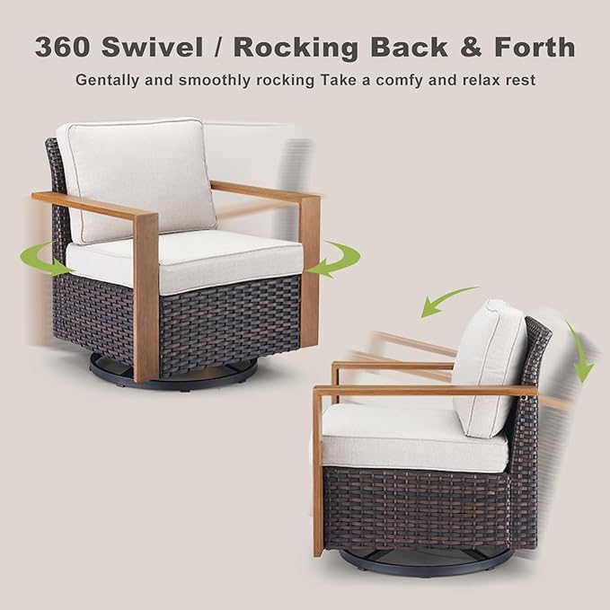 Rilyson Outdoor Wicker Patio Furniture Set - 7 Piece Patio Conversation Set with 4 Wicker Swivel Rocker Chairs,2 Rattan Ottoman and 1 Couch,Thick Cushions,Deep Seating,Wide Armrest(Brown/Beige)