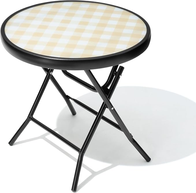 Foldable Patio Side Tables, 17.7" Small End Table Outdoor Weatherproof, Round Glass Top Outside Folding Table for Poolside, Balcony, Yard, Porch（Yellow）