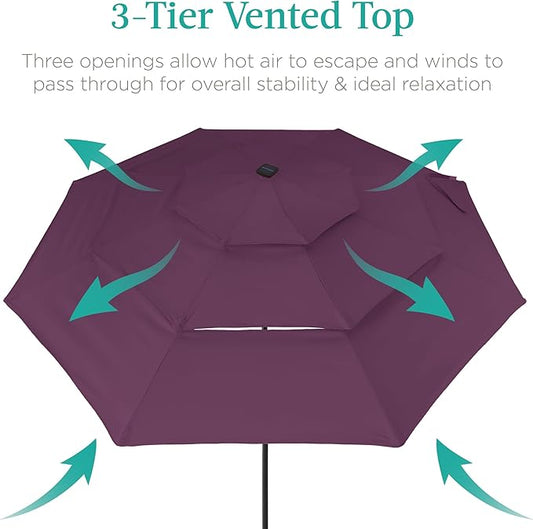 Best Choice Products 10ft 3-Tier Solar Patio Umbrella, Outdoor Market Sun Shade for Backyard, Deck, Poolside w/ 24 LED Lights, Tilt Adjustment, Easy Crank, 8 Ribs - Amethyst Purple