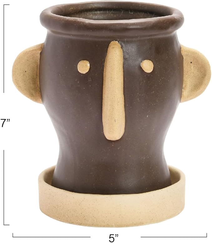 Creative Co-Op Stoneware Face Planter with Saucer, Brown & Cream Color, Holds 4" Pot