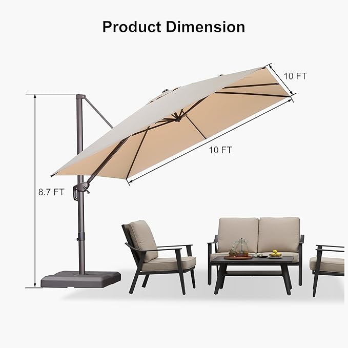 PURPLE LEAF 10' X 10' Patio Cantilever Umbrella with Base Included Square Outdoor Umbrella with 360° Rotation and Aluminum Offset Hanging for Garden Backyard Pool, Beige