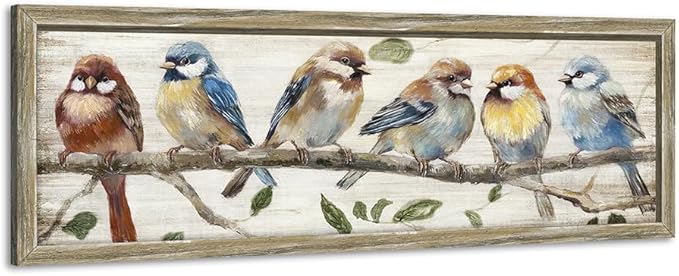 Colorful Bird Framed Wall Art: Cute Chickadee Wooden Painting Vintage Sparrow Picture Bluebird on Branch Prints Countryside Artwork Rustic Decor for Living Room Bedroom Farmhouse