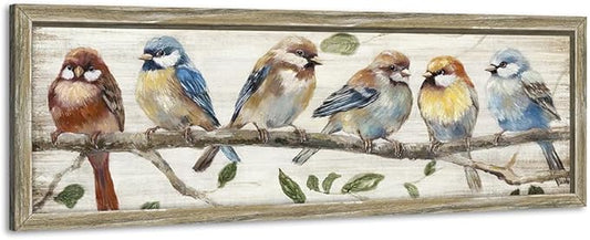Colorful Bird Framed Wall Art: Cute Chickadee Wooden Painting Vintage Sparrow Picture Bluebird on Branch Prints Countryside Artwork Rustic Decor for Living Room Bedroom Farmhouse