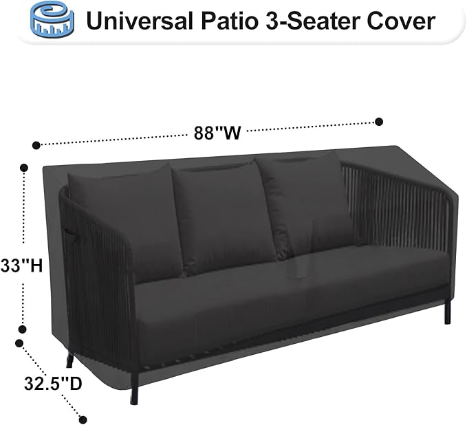 OutdoorLines Outdoor Waterproof Patio 3-Seater Couch Cover - UV Resistant Patio Sofa Furniture Covers Weatherproof Heavy Duty Glider Covers for Outdoor Furniture, 88Wx32.5Dx33H Inches, Black