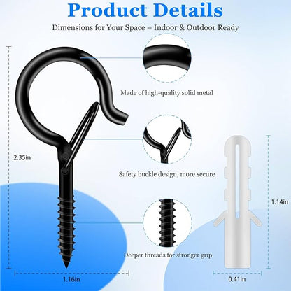 36 Pack Black Screw Hooks with Safety Buckle - 2.3 Inch Rustproof Eye Ceiling Hooks for Hanging Plants,Outdoor String Lights,Baskets,Christmas Lights & Decor,40lb Capacity (36, Black)