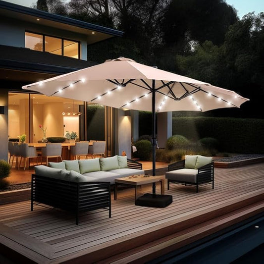 GREEN PARTY 15 ft Rectangle Patio Umbrella with Solar Lights and Base Included, Double-Sided Market Table Umbrella with Crank, Large Outdoor Umbrellas for Patio Poolside Garden Backyard, Beige