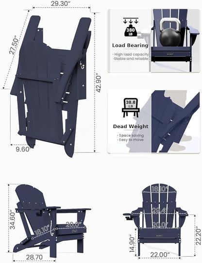 MUCHENGHY Folding Adirondack Chairs Set of 2, Patio & Outdoor Chairs, Plastic Weather Resistant with Cup Holder for Deck, Backyard, Garden (Dark Navy Blue)