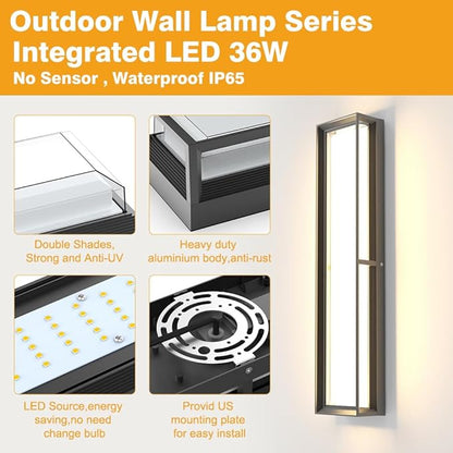 Sytmhoe Exterior Wall Light Fixture,2Packs 10%-100% Dimmable LED Modern Outdoor Patio Wall Light Fixture, 23.6in Black Exterior Sconce Wall Mounted Lights for Garage Living Room Courtyard House(3000K)