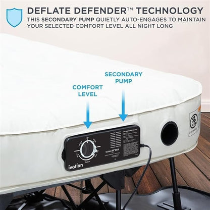 Ivation EZ®-Bed (Twin) Inflatable Air Mattress with Frame & Rolling Case, Built-in Deflate Defender™ Dual Pump Technology - 3 Min Self Inflate/Deflae Raised Blow up Bed on Legs, Premium Coil Design
