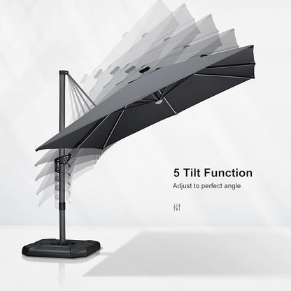 PURPLE LEAF 10 Feet Patio Umbrella with Base Outdoor Cantilever Solar Powered LED Square Umbrella Aluminum Offset Umbrella with 360-degree Rotation for Garden Deck Pool Patio Light Grey
