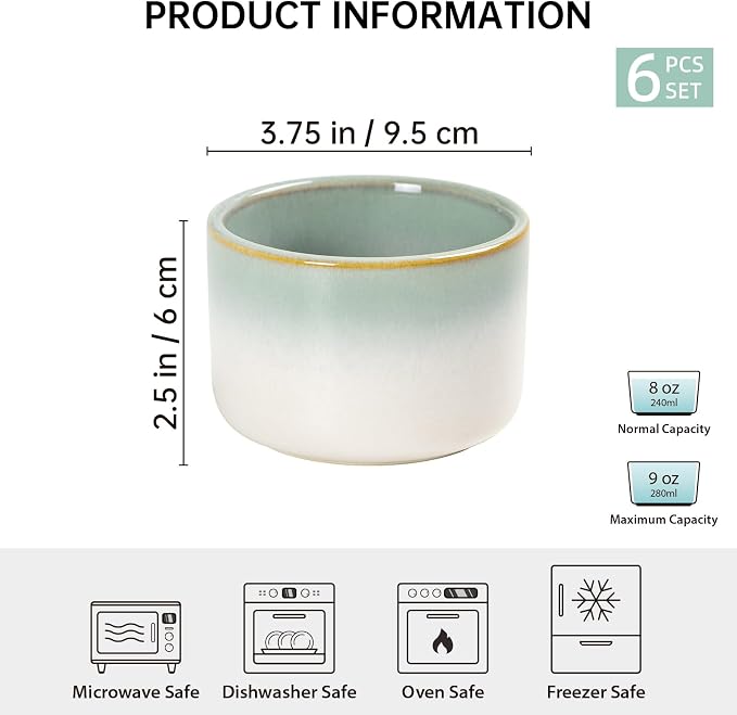 Ramekin Set, UNICASA 8 oz Creme Brulee Ramekins, Oven Safe Baking Set for Custard, Pudding, Souffle Cups, Reactive Gray (Light Blue, 8oz x 6pc)