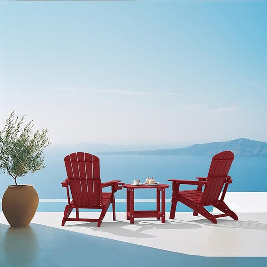 Plawdlik Folding Adirondack Chair Set of 2,Cup Holder,Wooden Textured,Heavy All-Weather HDPE Outdoor Chairs, Poolside Backyard Lawn,Red