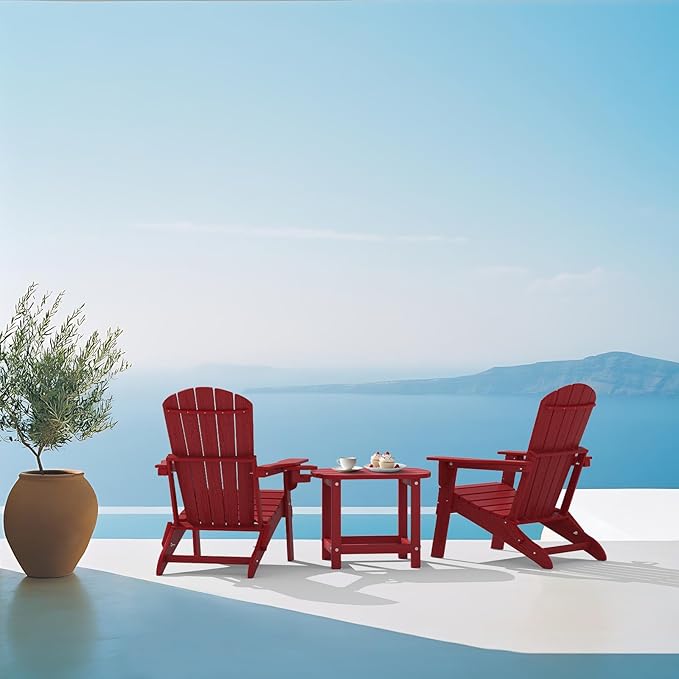 Plawdlik Folding Adirondack Chair, SGS Tested, Wooden Textured with Cup Holder, Heavy All-Weather HDPE Outdoor Chairs for Patio Backyard Lawn,Red