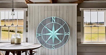Nightclawing Nautical Metal Compass Wall Décor, Indoor/Outdoor Décor, 41L x 41H x 2W inches,Blue