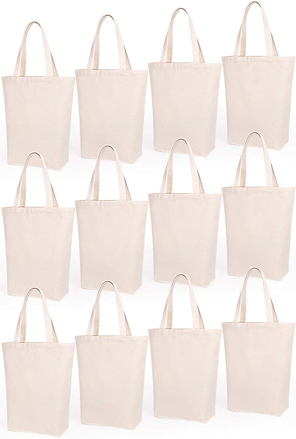 Lily queen Natural Canvas Tote Bags DIY Reusable Shopping Grocery Bag (Natural - 12 Pack)