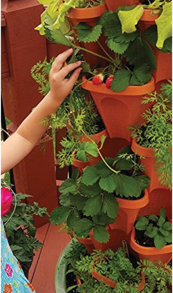 Vertical Garden Planter Stackable Tiered System 4 Plants per Pot, Space Saving Herb, Strawberry & Food Crop Planter with Center Support Hole for Indoor Outdoor Gardening (36, Terracotta, Small)