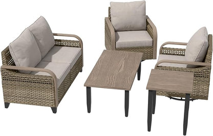 Modern Wicker Patio Furniture Set, Rattan Outdoor Conversation Set with Comfortable Cushions, 2 Swivel Rocing Chairs, 2 SeatLoveseat, Coffee Table and Side Table, 5 Pieces, Brown/Gray