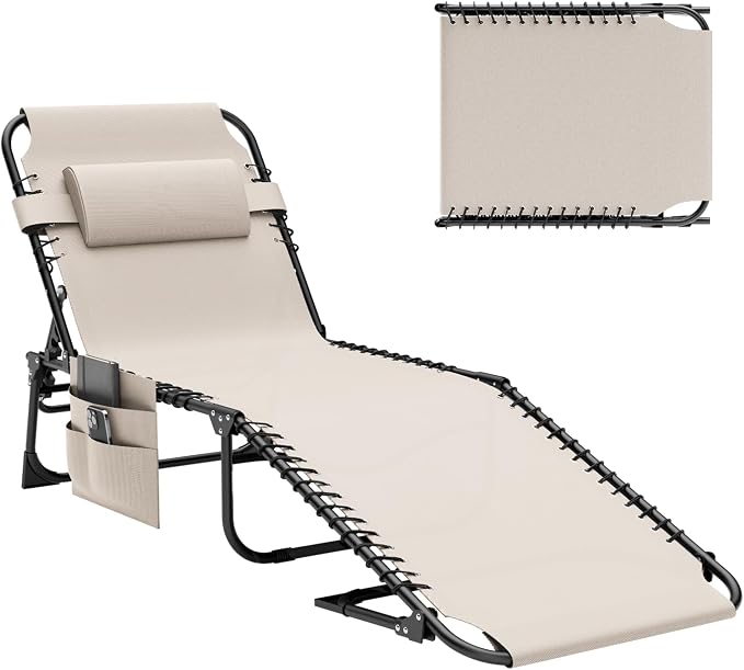 EBE Folding Lounge Chair, Outdoor Adjustable Chaise Lounge Chair, Portable Tanning Chaise with Detachable Pillow and Side Pocket, Reclining Chairs for Pool Beach Patio Sunbathing, Beige