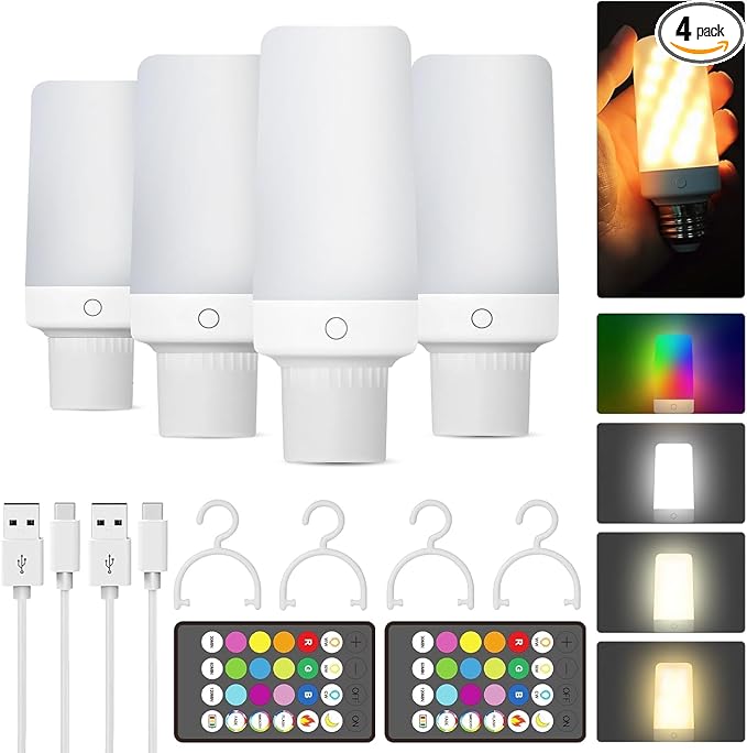 4PK Rechargeable Light Bulbs with Remote,Emergency Battery Operated Light Bulbs with Dual Recharging Ways, Tuned White and12 RGB Colors Optional,Timer,Ideal for Lamp,Power Outages,Camping,Hurricane