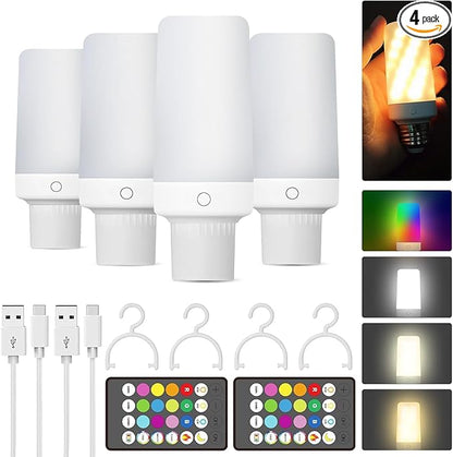 4PK Rechargeable Light Bulbs with Remote,Emergency Battery Operated Light Bulbs with Dual Recharging Ways, Tuned White and12 RGB Colors Optional,Timer,Ideal for Lamp,Power Outages,Camping,Hurricane