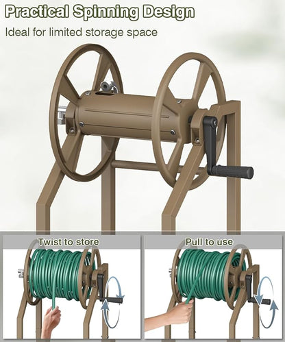 4-Spike Garden Hose Reel with 3.9ft Leader Hose & Stainless Fitting, Outdoor Hose Holder holds 125ft Hose of 5/8", Freestanding Metal Hose Stand for Outside Yard Lawn, Brown