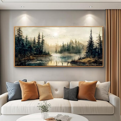 FUHAIHUA Wood Framed Large Wall Decor For Living Room Canvas Wall Art For Office Farmhouse Wall Decorations For Bedroom Forest River Landscape Paintings Modern Pictures Artwork Room Home Decor 32x72 In