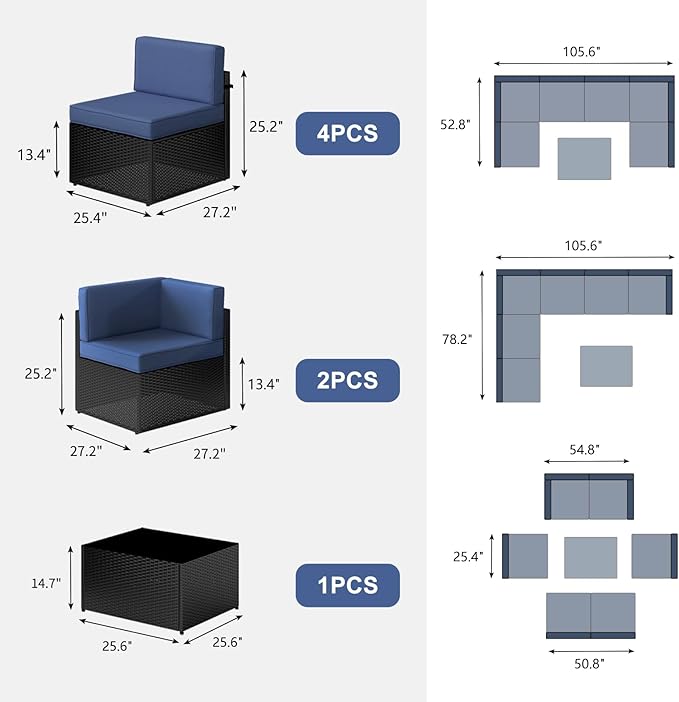 Kinsuite 7Pcs Patio Conversation Set - Wicker Backyard Furniture Outdoor Furniture with Cushions, All-Weather Couch Set with Coffee Table for Garden, Lawn, Deck, Blue