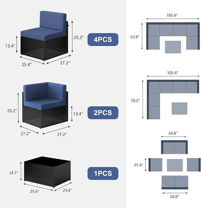 Kinsuite 7Pcs Patio Conversation Set - Wicker Backyard Furniture Outdoor Furniture with Cushions, All-Weather Couch Set with Coffee Table for Garden, Lawn, Deck, Blue