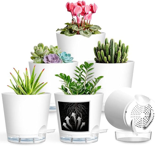 Self Watering Pots for Plants, 2026 New Flower Plant Pots with Drainage Holes, Wicking and Clear Reservoirs for Succulent, Aloe, Cacti and Others - 6 Pack (White, 5")