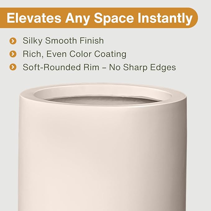 19.5" H x 9.8" D Tubo Fiberstone Cylinder Tall Planter with Drainage Hole, Smooth Finishes, Weather Resistant, Included 2 Extra Coco Mats (Kilim Beige, 8.2" Pot Opening)
