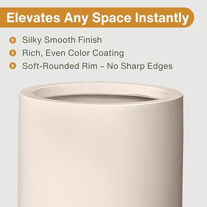 19.5" H x 9.8" D Tubo Fiberstone Cylinder Tall Planter with Drainage Hole, Smooth Finishes, Weather Resistant, Included 2 Extra Coco Mats (Kilim Beige, 8.2" Pot Opening)