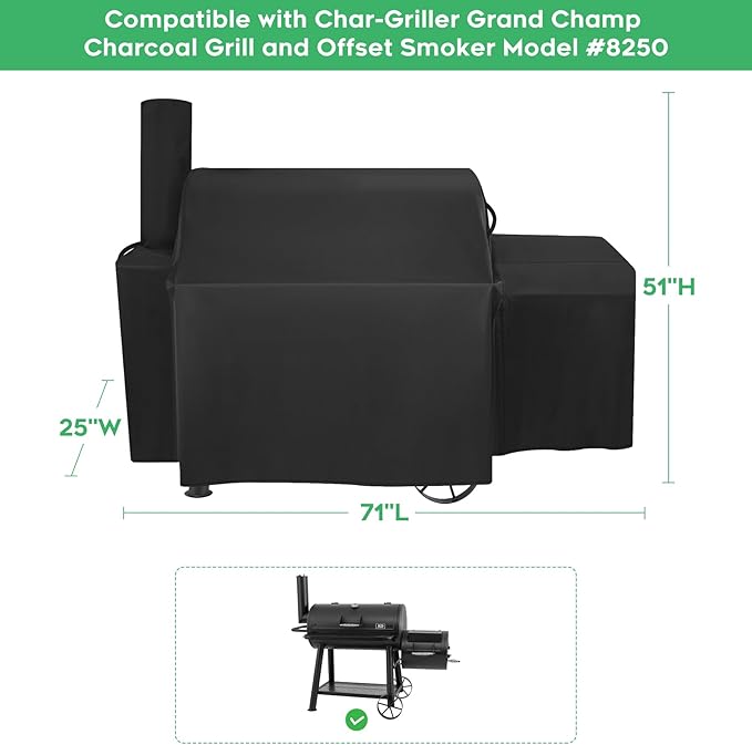 Grill Cover Compatible with Char-Griller Grand Champ Charcoal Grill and Offset Smoker Model #8250, 71" L x 25" W x 51" H, Heavy-Duty 600D Waterproof
