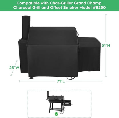 Grill Cover Compatible with Char-Griller Grand Champ Charcoal Grill and Offset Smoker Model #8250, 71" L x 25" W x 51" H, Heavy-Duty 600D Waterproof