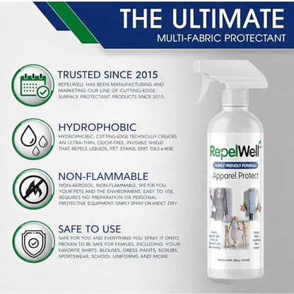 RepelWell Apparel Protect (12oz) Stain & Water Repellent Spray – Non-Toxic, Eco-Friendly, Pet-Safe Sprays for Clothing & More