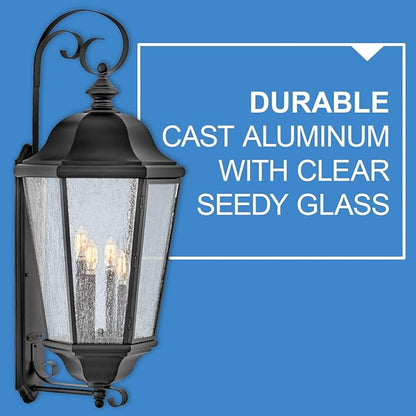 Hinkley Edgewater Outdoor Extra Large Wall Mount Lantern - Clear Seedy Glass, Aluminum - Black Finish
