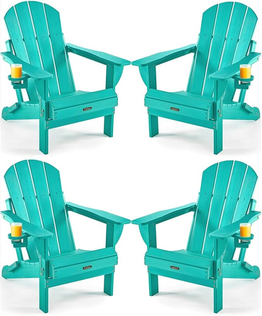 Ciokea Folding Adirondack Chair 4 Pack, Patio Adirondack Chair Weather Resistant, Plastic Fire Pit Chair with Cup Holder, Lawn Chair for Outdoor Porch Garden Backyard Deck (Lake Blue)