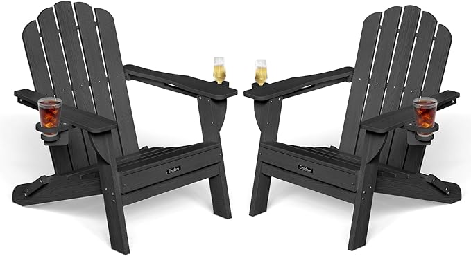 Folding Adirondack Chairs Set of 2, All-Weather HDPE Fire Pit Chair with 2 Cup Holders, Plastic Outdoor Chair for Patio Deck Garden Lawn, Black