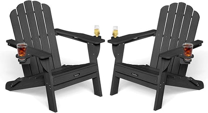 Folding Adirondack Chairs Set of 2, All-Weather HDPE Fire Pit Chair with 2 Cup Holders, Plastic Outdoor Chair for Patio Deck Garden Lawn, Black