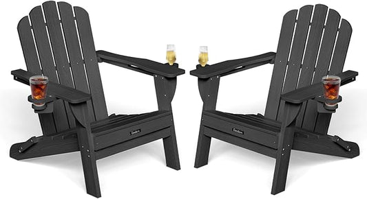 Folding Adirondack Chairs Set of 2, All-Weather HDPE Fire Pit Chair with 2 Cup Holders, Plastic Outdoor Chair for Patio Deck Garden Lawn, Black