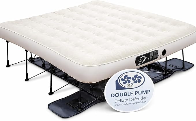 Ivation EZ®-Bed (King) Inflatable Air Mattress with Frame & Rolling Case, Built-in Deflate Defender™ Dual Pump Technology - 3 Min Self Inflate/Deflae Raised Blow up Bed on Legs, Premium Coil Design