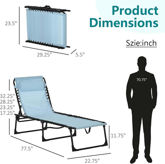 Portable Foldable Sun Tanning Chair, Heavy Duty Adjustable Folding Laying Out Chairs for Tanning, Beach Lounge Chairs for Adults for Outdoor Sunbathing Patio Pool Lawn Camping Deck (Blue 2)