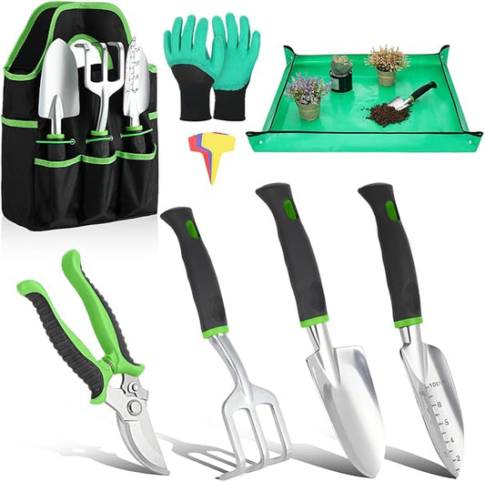 Housolution Gardening Tools Set, 8PCS Heavy Duty Garden Tools with Non-Slip Rubber Grip with Large Garden Bag for Tools Aluminum Alloy Hand Tools for Gardening,Gardening Gifts for Women and Men, Green