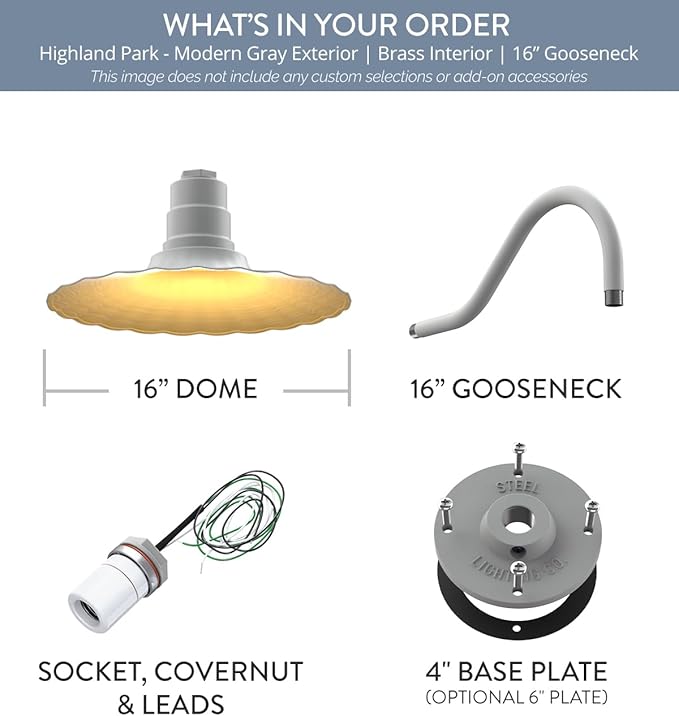 Steel Lighting Co. Highland Park Barn Light | Outdoor Wall Mounted | 16 inch Radial Wave | 16" Gooseneck | Vintage Style Made in America | Modern Gray Exterior/Brass Interior