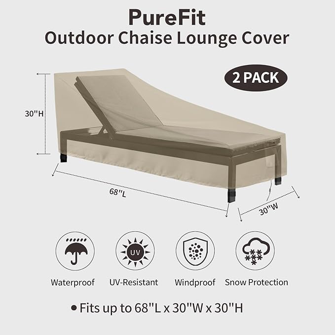PureFit Outdoor Chaise Lounge Cover, Lounge Chair Covers Waterproof Patio Furniture Lounge Chair Cover, UV Resistant & Weatherproof, 2 Pack, 68" L x 30" W x 30" H Inches, Camel