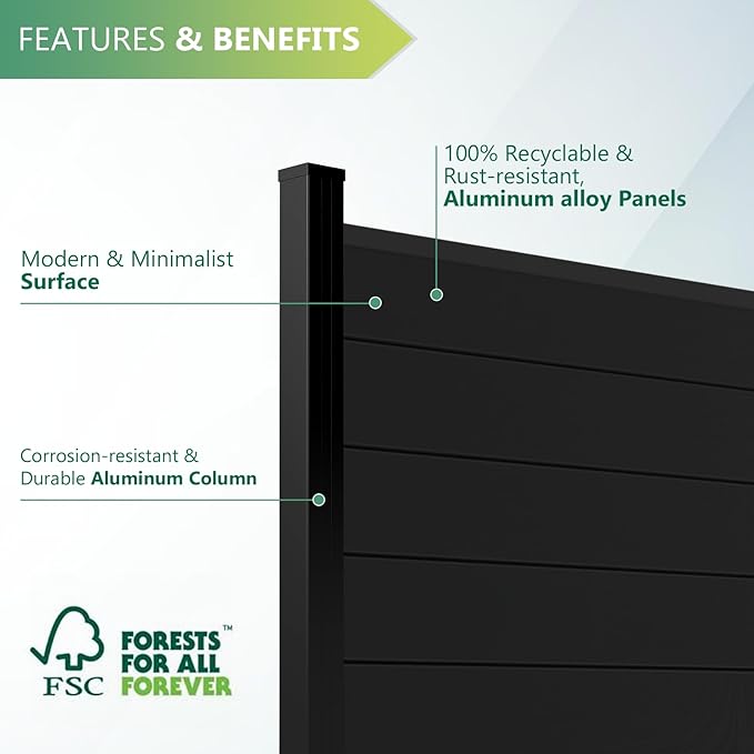 Mondaria Aluminum Privacy Fence Panels for Outside, 6ft(W) x 6ft(H) Decorative Fence with 1 No-dig Post, Wind Resistant Fencing Panels for Yard, Patio & Pool (Black)