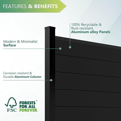 Mondaria Aluminum Privacy Fence Panels for Outside, 6ft(W) x 6ft(H) Decorative Fence with 1 No-dig Post, Wind Resistant Fencing Panels for Yard, Patio & Pool (Black)