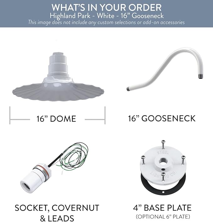 Steel Lighting Co. Highland Park Barn Light | Outdoor Wall Mounted | 16 inch Radial Wave | 23 inch Gooseneck | Vintage Style Made in America | White Exterior/White Interior