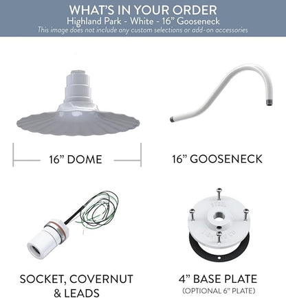 Steel Lighting Co. Highland Park Barn Light | Outdoor Wall Mounted | 16 inch Radial Wave | 23 inch Gooseneck | Vintage Style Made in America | White Exterior/White Interior